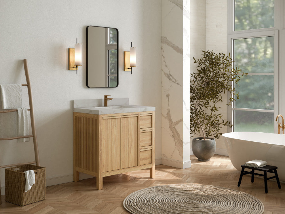 Elizabeth 36 Center Sink Bath Vanity in Light Natural Teak 2" Empira Quartz