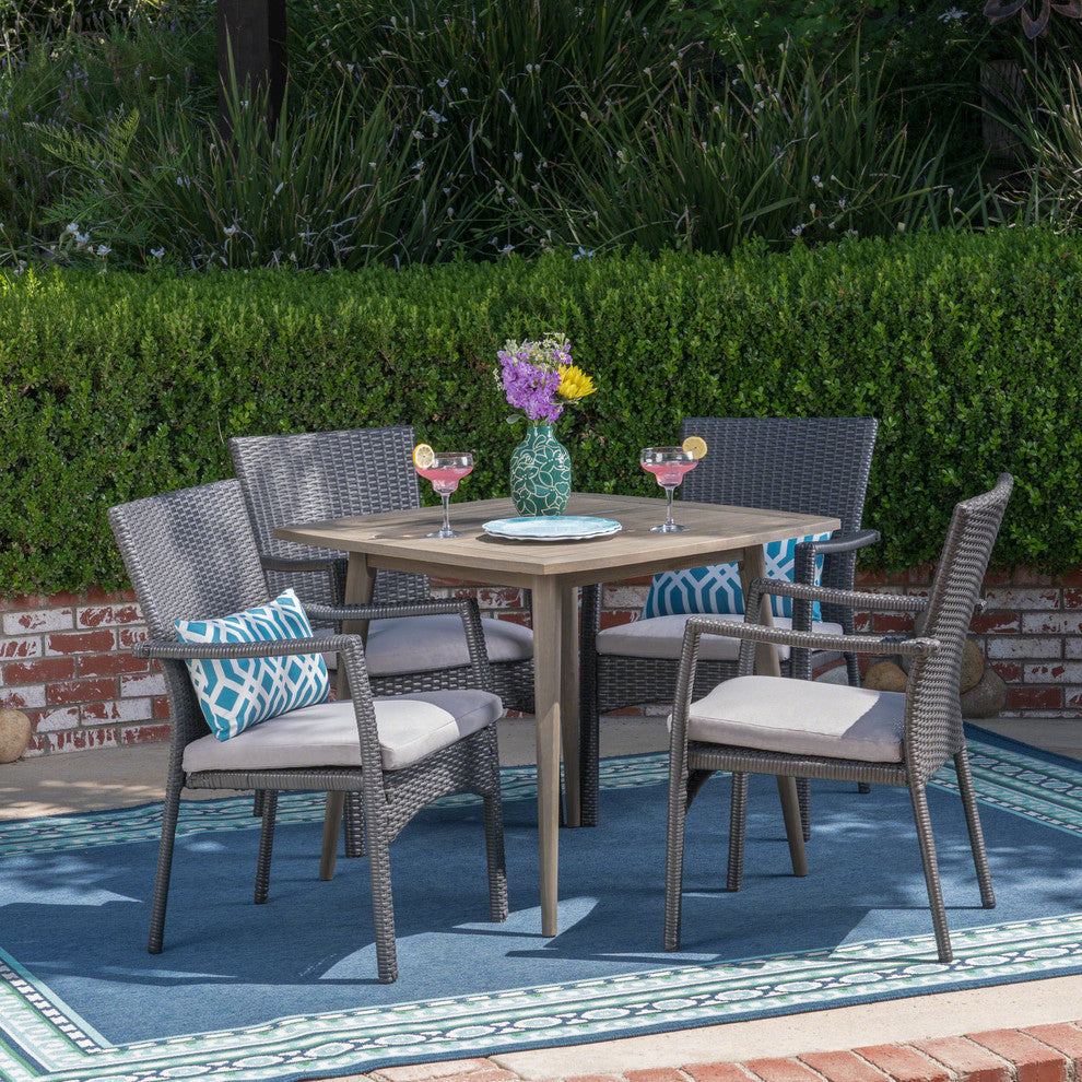 GDF Studio 5-Piece Leah Outdoor Wood and Wicker Dining Set, Gray and Gray