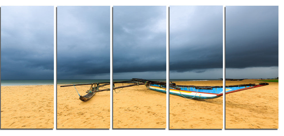 Beach with Dark Clouds above Ocean, Seashore Canvas Print, 60"x28", 5 Panels