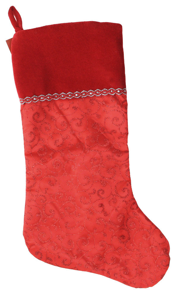 22" Red With Glittering Swirl Design on Sheer Organza Christmas Stocking
