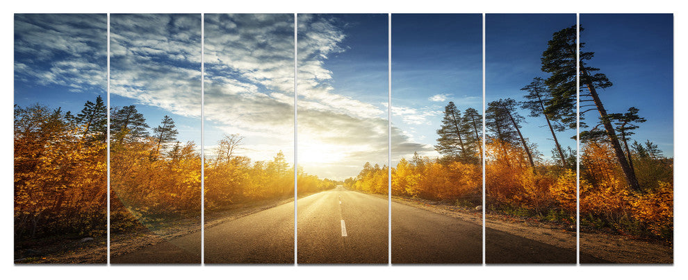 Road in Fall Forest Panorama, Landscape Canvas Art Print, 83"x32", 7 Panels