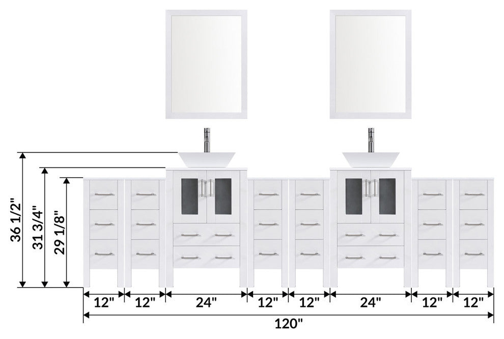 Modern Vanity Set With Two Sink Bases With Mirrors and Six Drawer Bases, White,