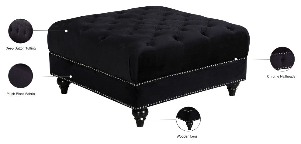 Sabrina Velvet Upholstered Ottoman, Black