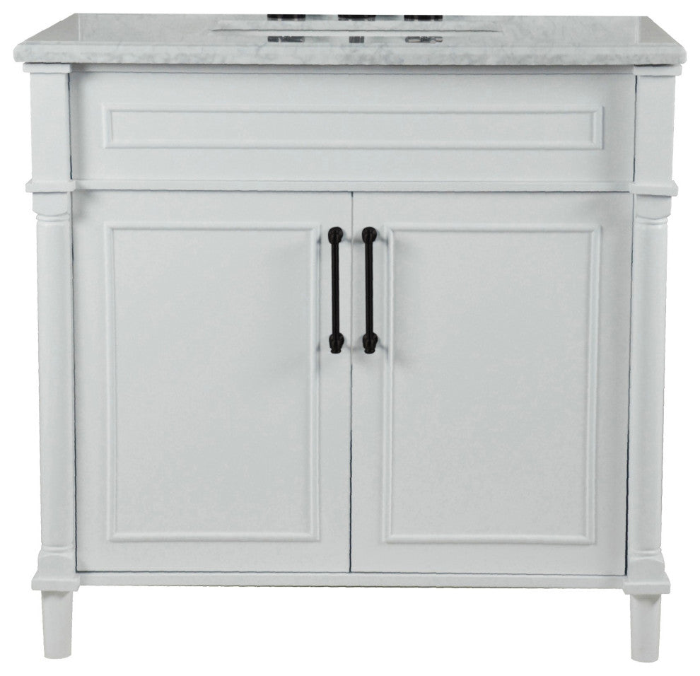 36" Single Vanity, White With White Carrara Marble Top