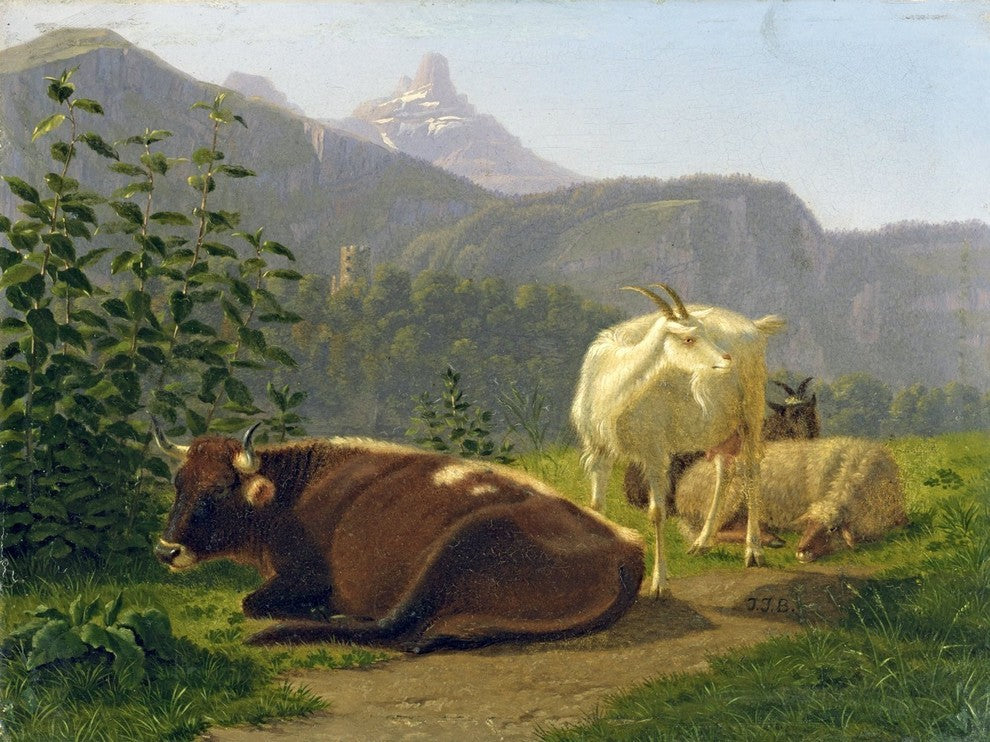 Tile Mural, Animals Before Mountain Landscape By Johann Jakob Biedermann Matte