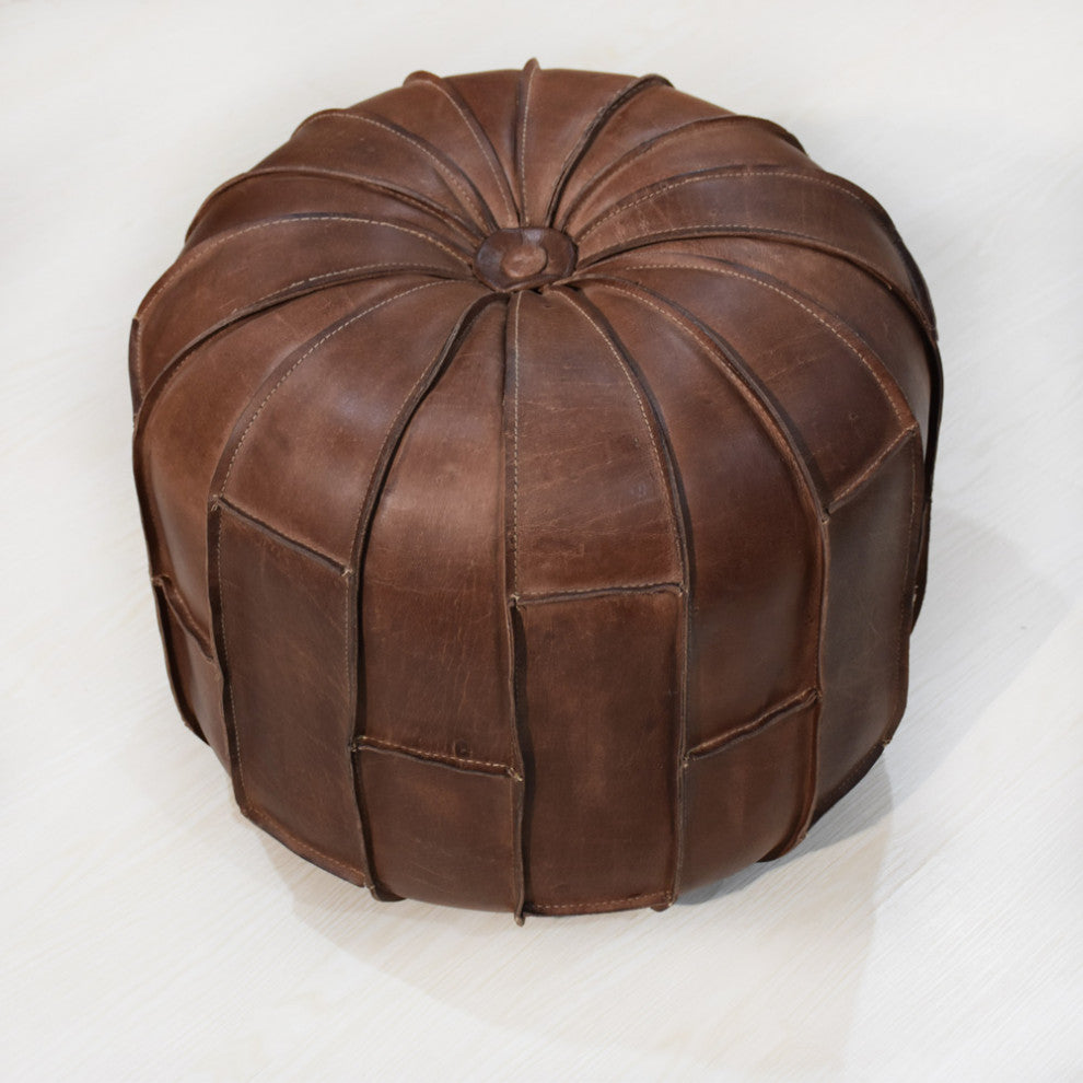 Solid Handmade Leather Pouf Brown, 14x14x14