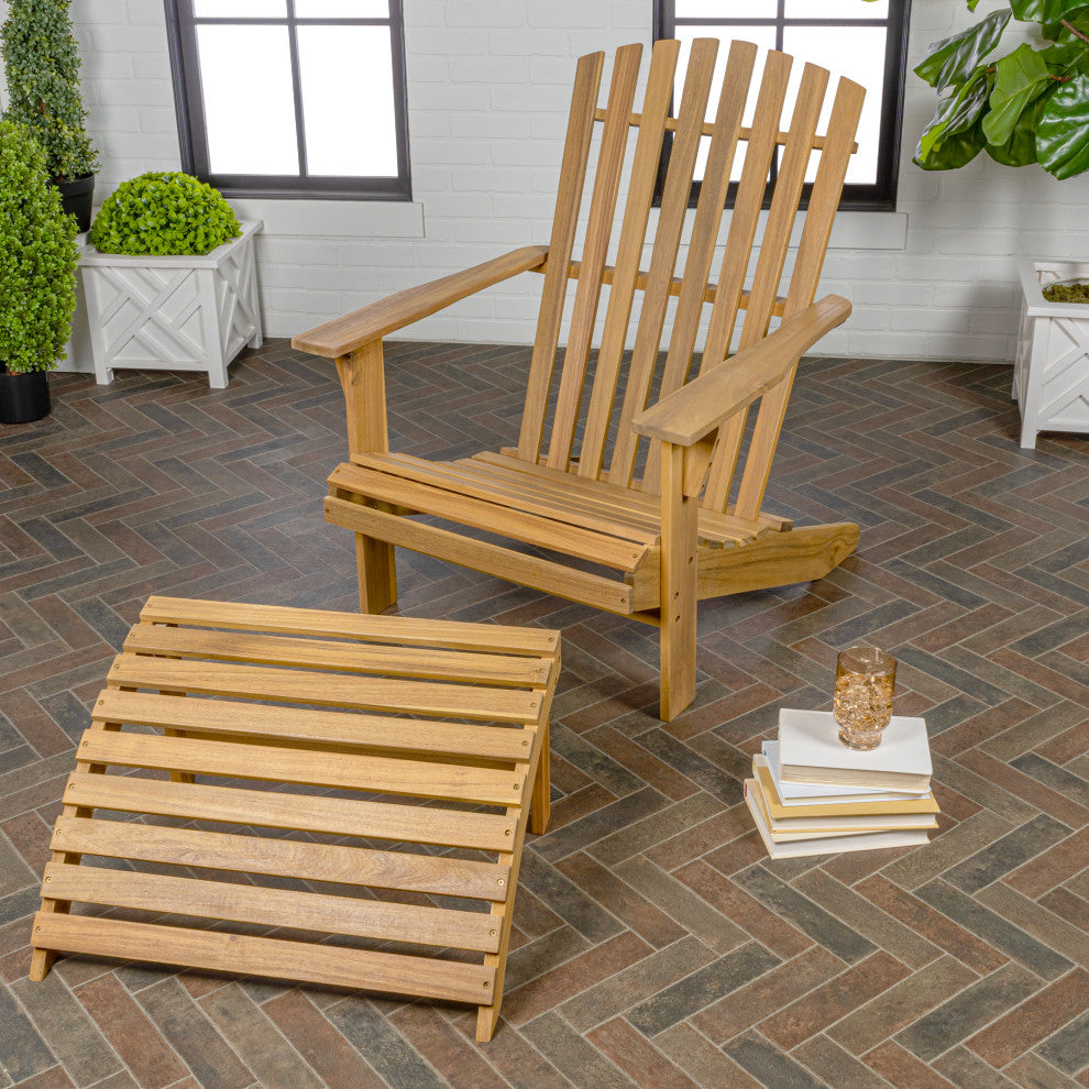 2-Piece Traditional Rustic Acacia Wood Adirondack Chair, Detachable Ottoman