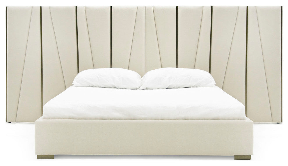 Nixa Modern Beige Velvet, Brushed Bronze Bed, Eastern King