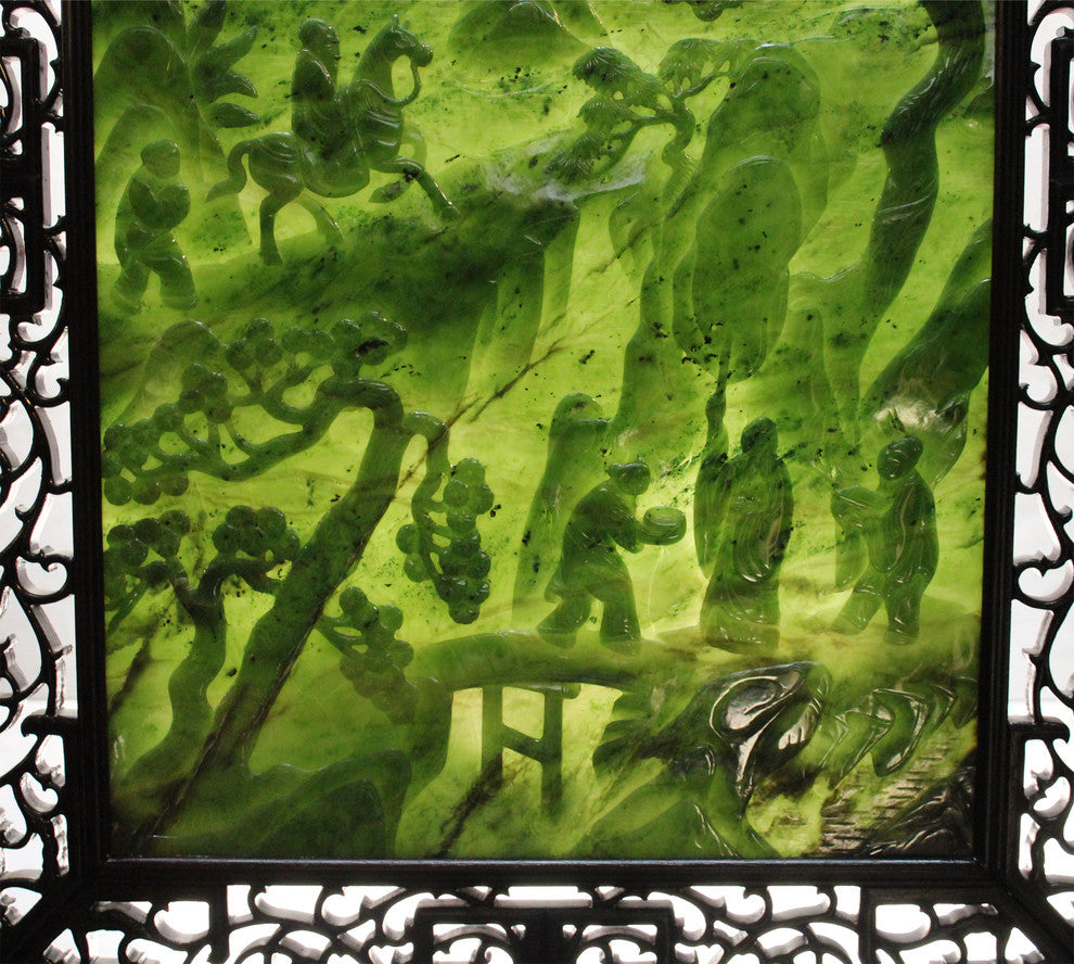 Spinach Green Stone Scenery Carving Table Top Wall Panel Display Hcs5090
