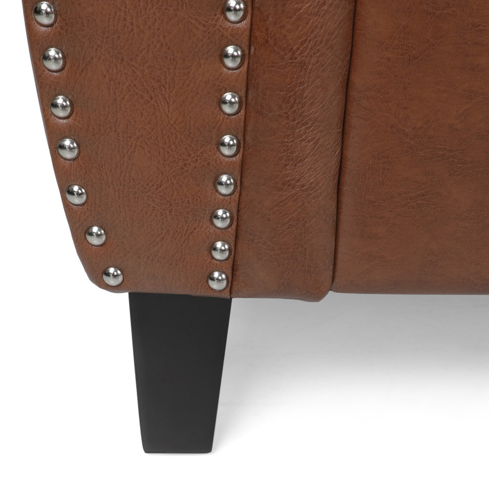 Burkehaven Contemporary Faux Leather 3 Seater Sofa With Nailhead Trim, Cognac Brown/Dark Brown