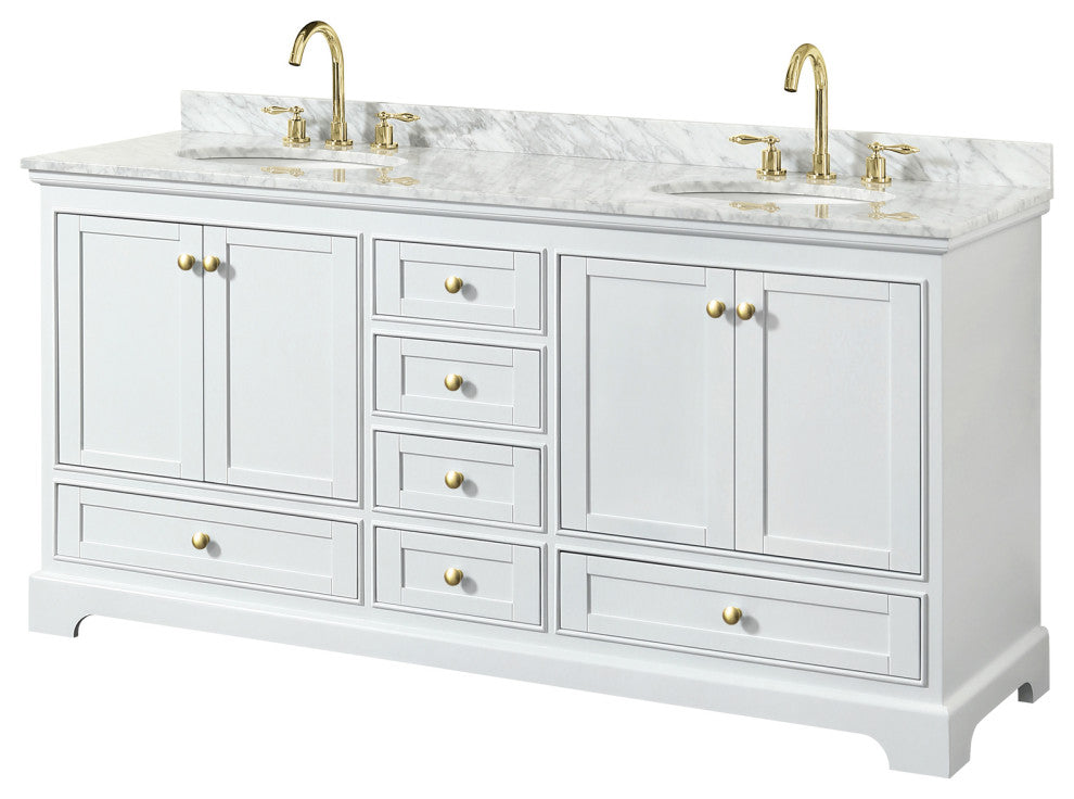 72" Double Bath Vanity, White, White Carrara Countertop, Sinks, Gold Trim