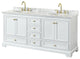72" Double Bath Vanity, White, White Carrara Countertop, Sinks, Gold Trim