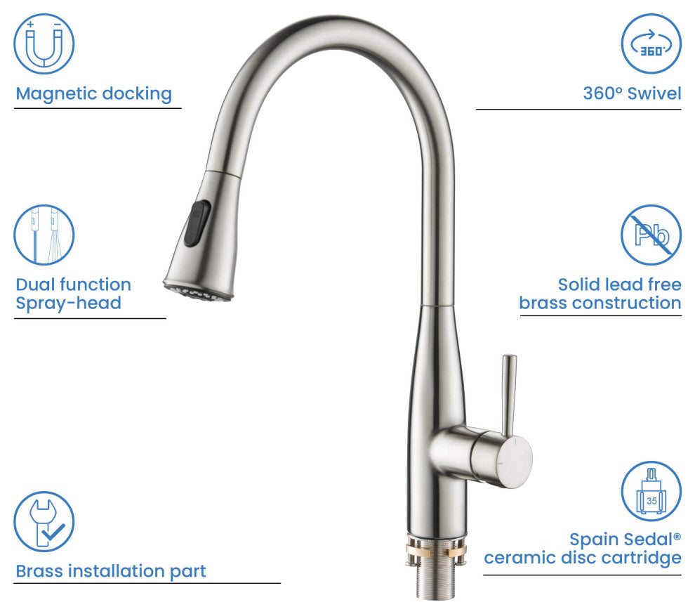 Bari-T Single Handle Pull Down Faucet, Brushed Nickel, With Soap Dispenser