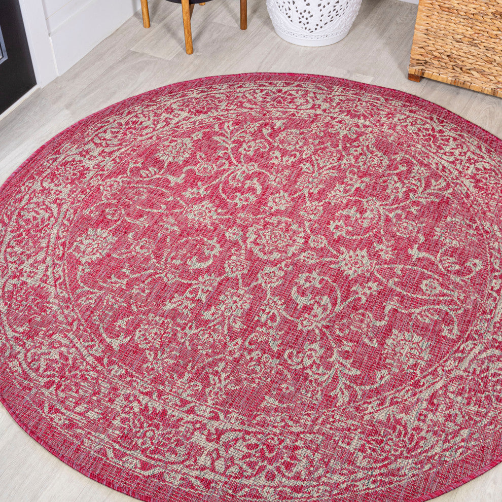 Tela Boho Textured Weave Floral Indoor/Outdoor Rug, Fuchsia/Light Gray, 5' Round