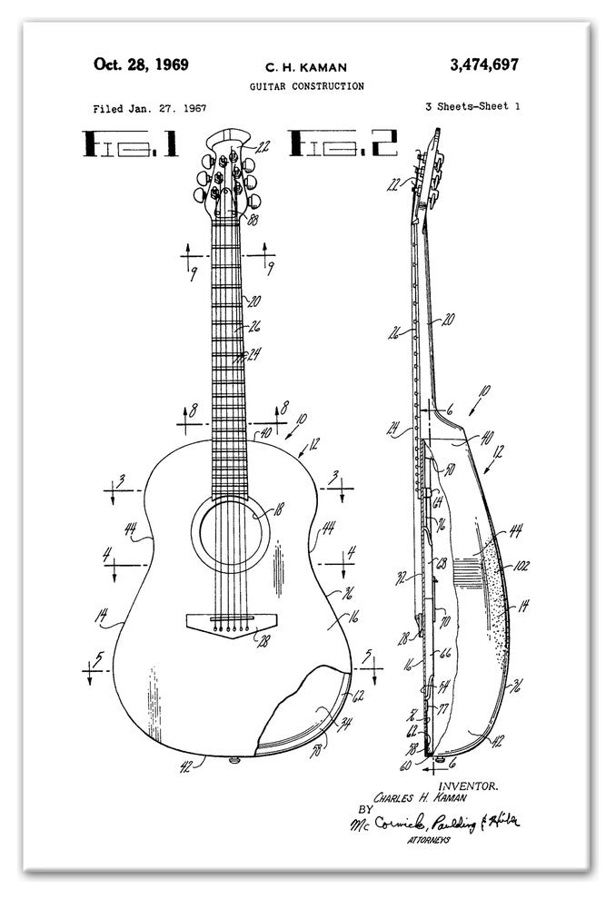 Vintage Guitar Sketch Patent 20"x30" Print on Canvas