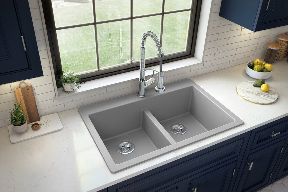 Karran 33" Top Mount Double Equal Bowl Quartz Kitchen Sink, Grey