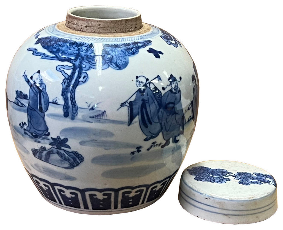 Chinese Hand-paint 8 Immortal Blue White Porcelain Ginger Jar Hws2823