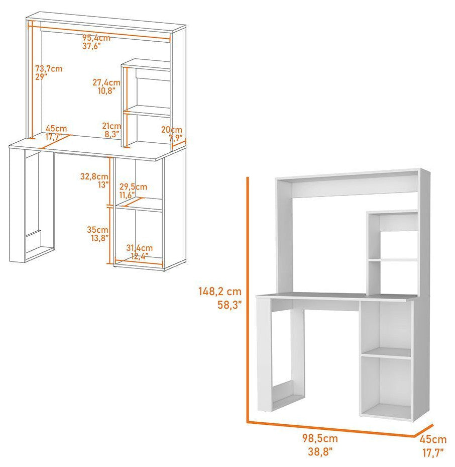 Carroll Computer Desk With Hutch and 5 Open Shelves, White