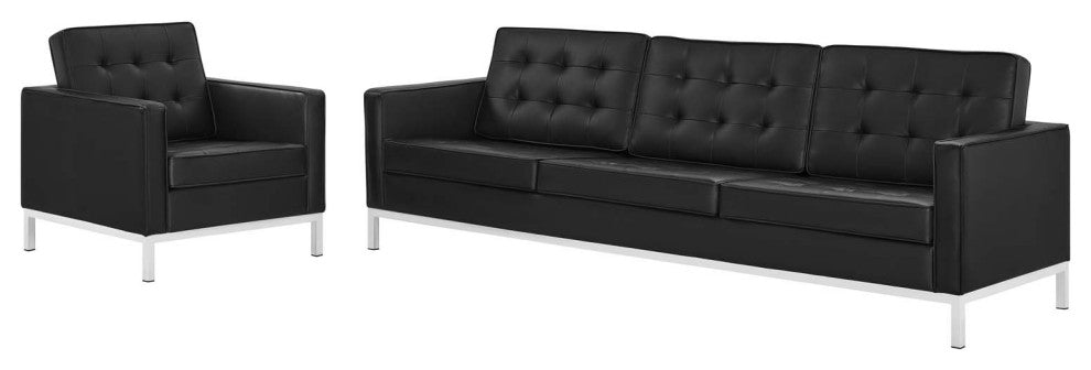 Tufted Armchair and Sofa Set, Faux Leather, Silver Black, Modern, Lounge