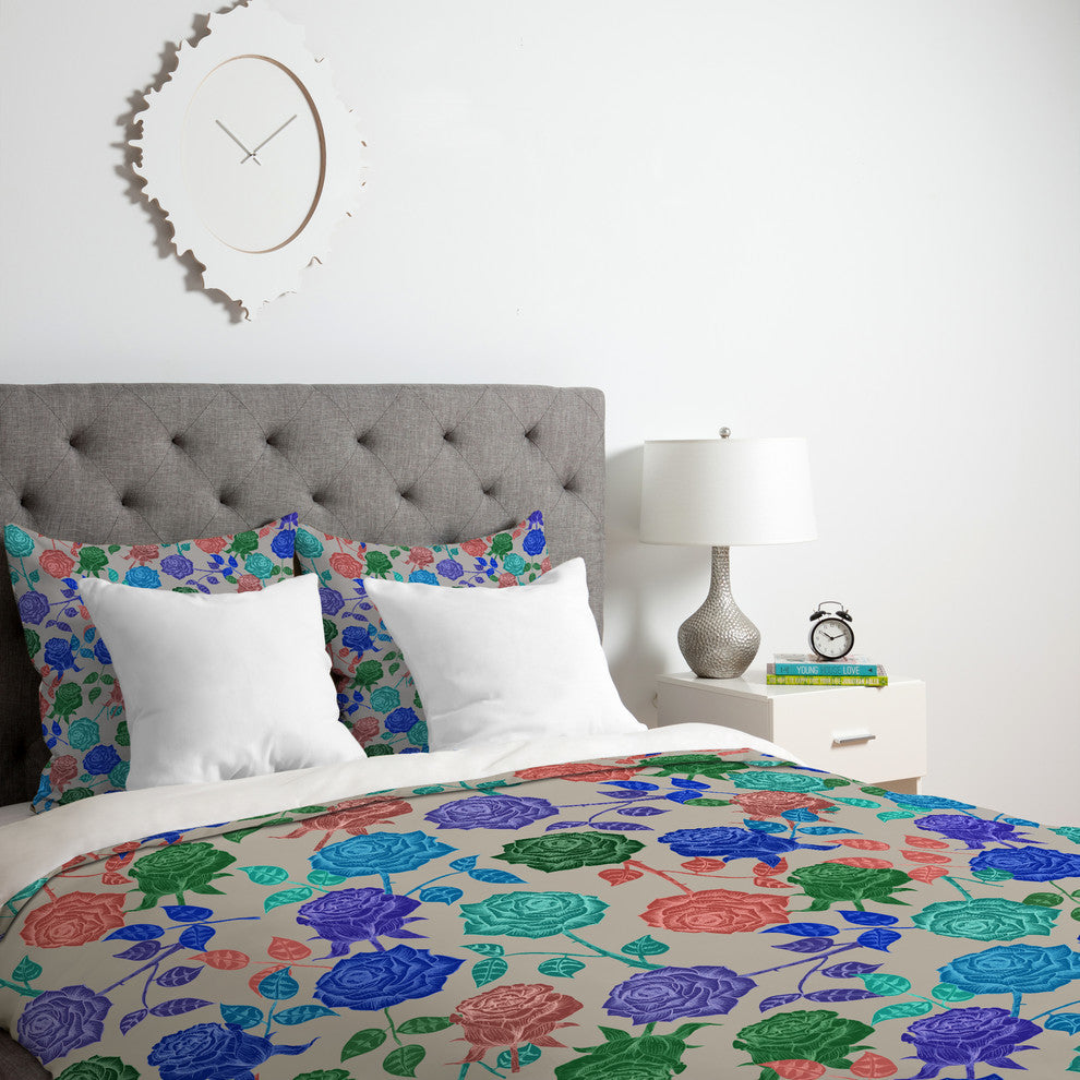 Deny Designs Bianca Green Roses Blue Duvet Cover - Lightweight