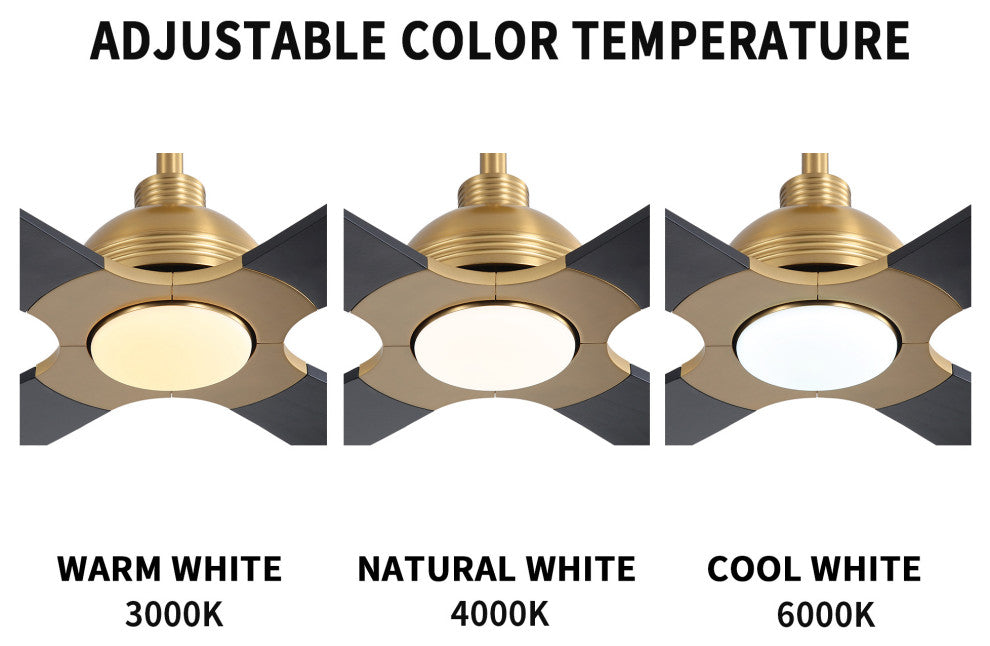 56" 4-Blade Solid Wood Ceiling Fan With LED Light and Remote Control, Gold/Black