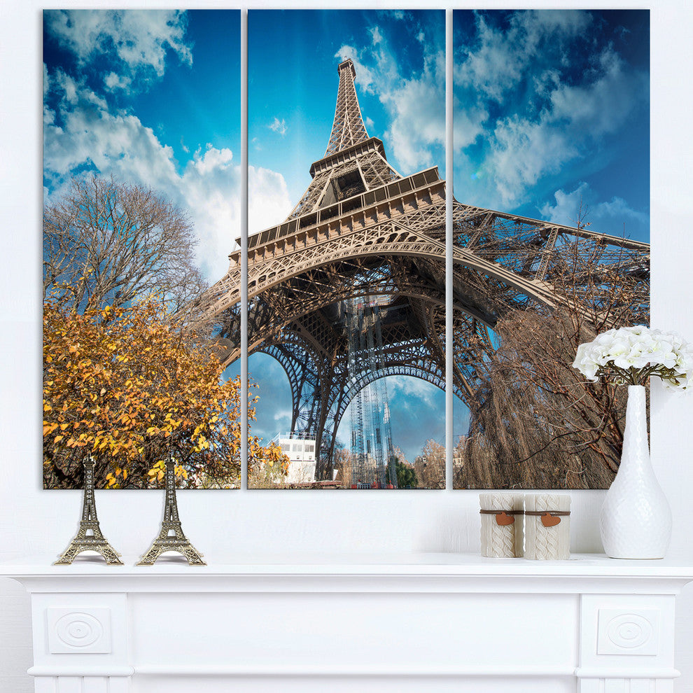 "Paris Eiffel Tower and Blue Paris Sky View" Metal Wall Art, 3 Panels, 36"x28"