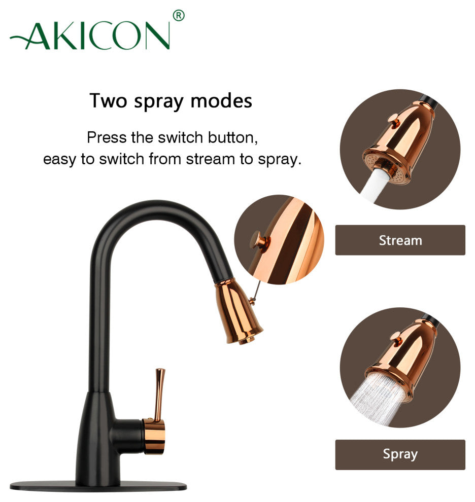 Pull Down Kitchen Faucet With Deck Plate, Two-Tone Matte Black and Rose Gold
