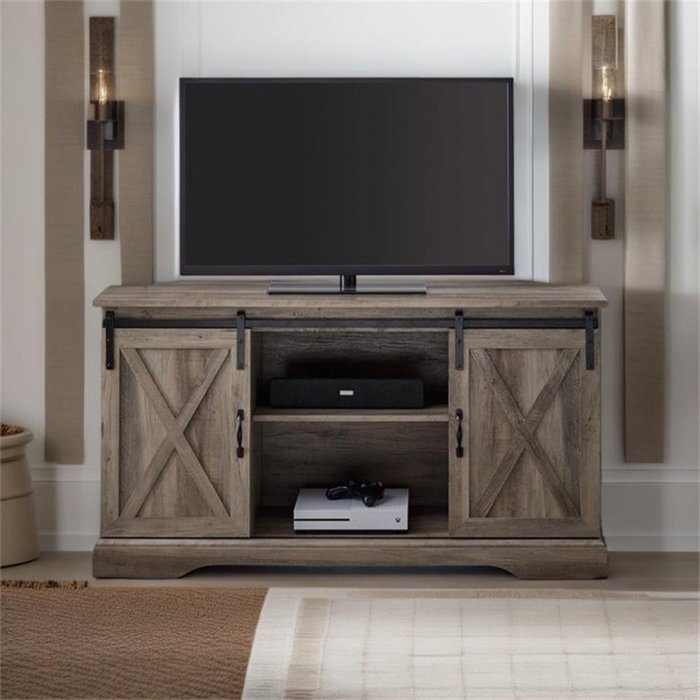 Pemberly Row Farmhouse Wood Corner TV Stand for TVs up to 52" in Gray