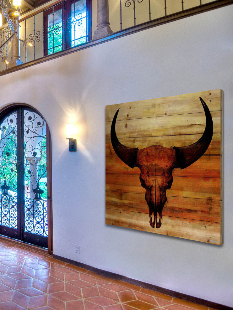 "Burnt Sienna Skull" Print on Natural Pine Wood, 24"x24"