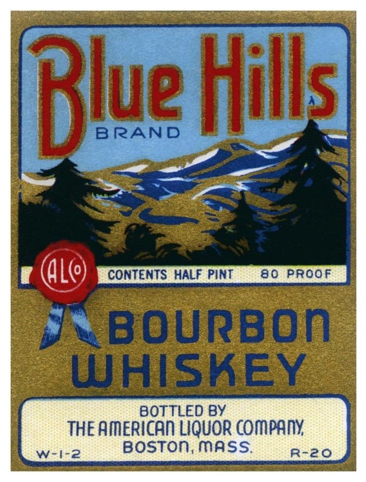 "Blue Hills Bourbon Whiskey" Print by Vintage Booze Labels, 29"x38"