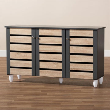 Gisela Two-Tone Oak and Dark Gray 3-Door Shoe Storage Cabinet