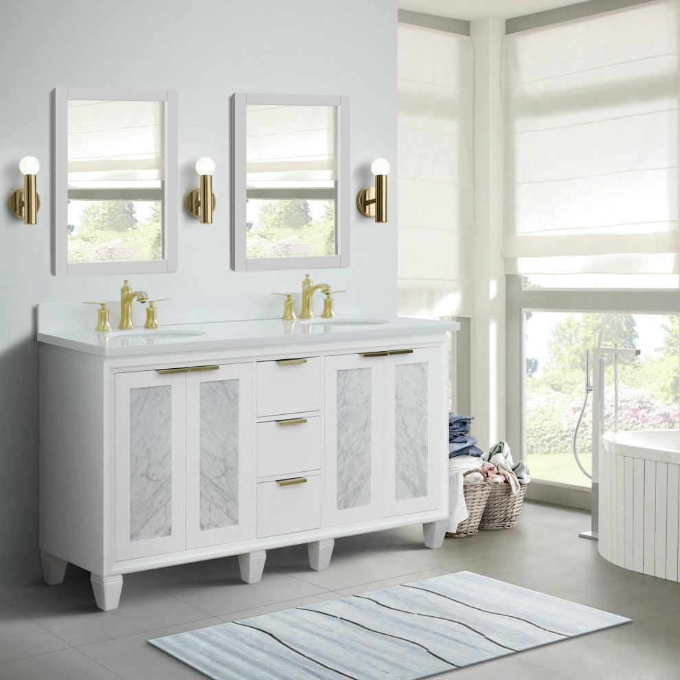 61" Double Sink Vanity, White Finish With Engineered Stone Top And Oval Sink