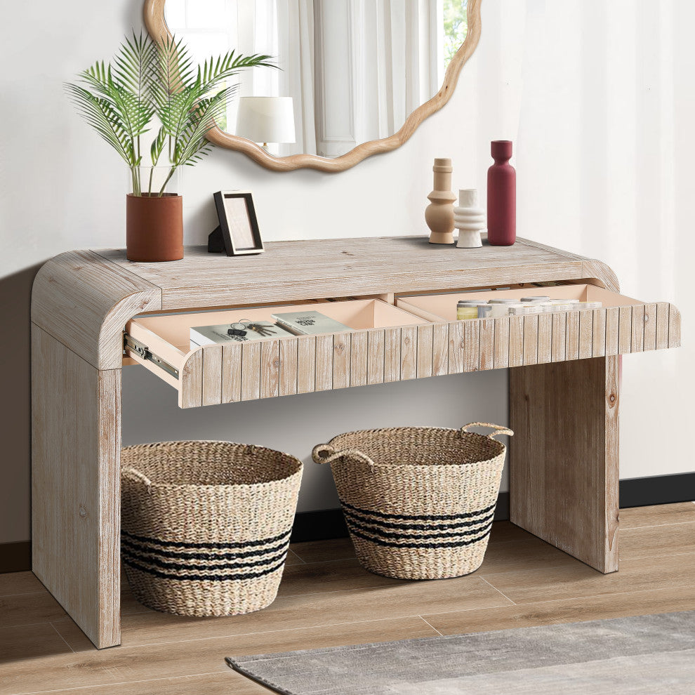GDF Studio 59" Vintage Farmhouse Console Table With Drawers, Natural Wood Washed