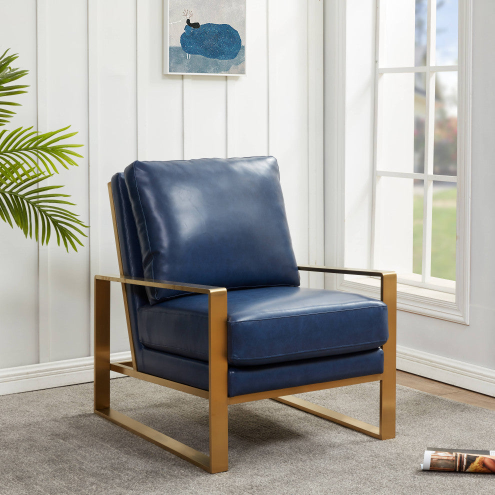LeisureMod Jefferson Faux Leather Accent Armchair With Gold Frame, Navy Blue