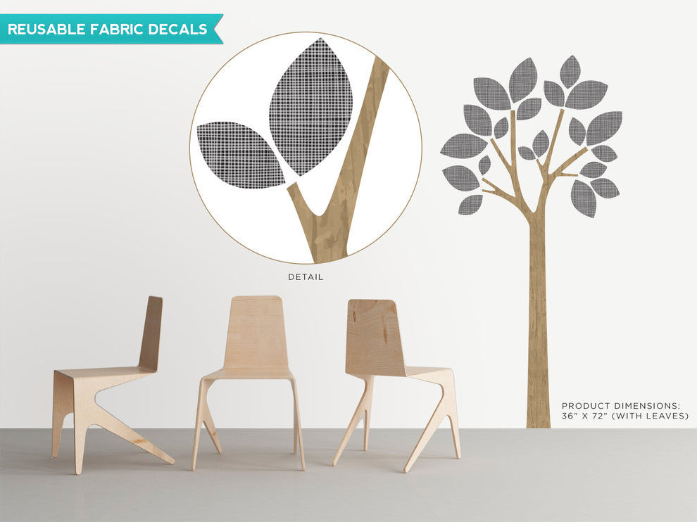 Modern Tree Fabric Wall Decal With Patterned Leaves, Black