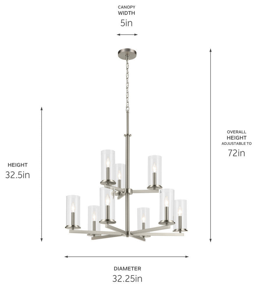 Crosby 32.5" 9-Light 2-Tier Chandelier With Clear Glass, Brushed Nickel