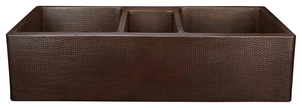 42" Hammered Copper Kitchen Apron Triple Basin Sink