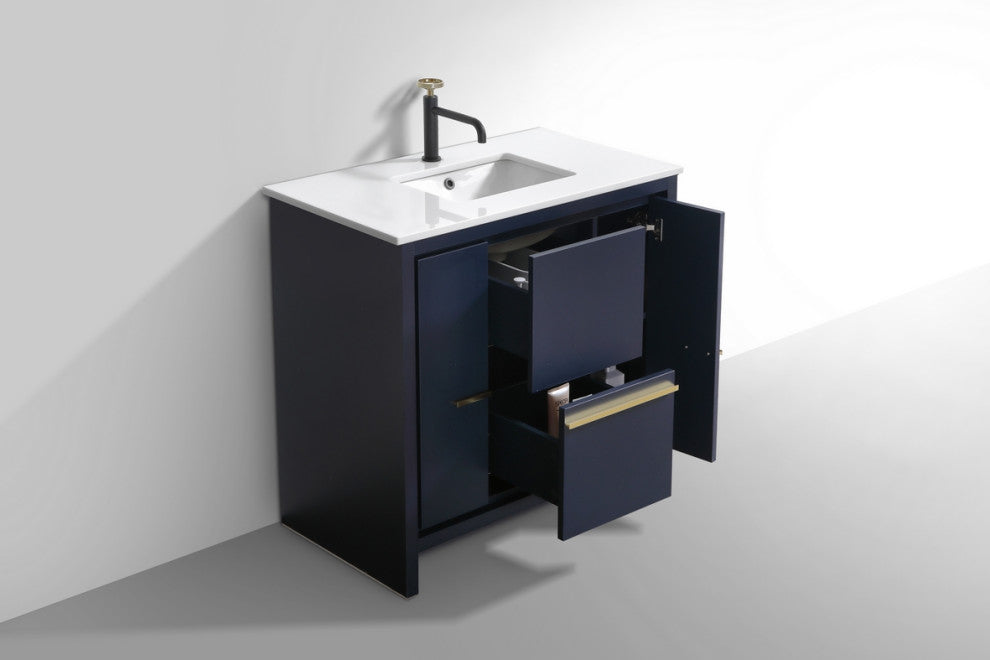 KubeBath Dolce 36" Vanity With White Quartz Countertop, Rose Wood, Blue