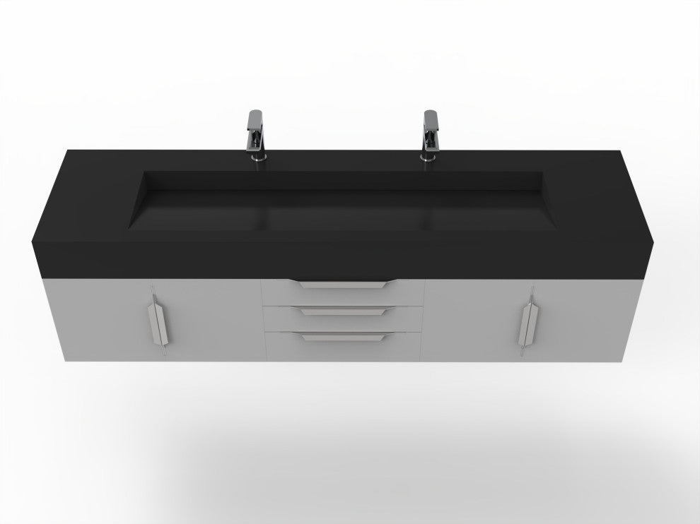 CastelloUSA Nile 72" Wall Mounted Bathroom Vanity Set, Gray, Black Top, Chrome Handles