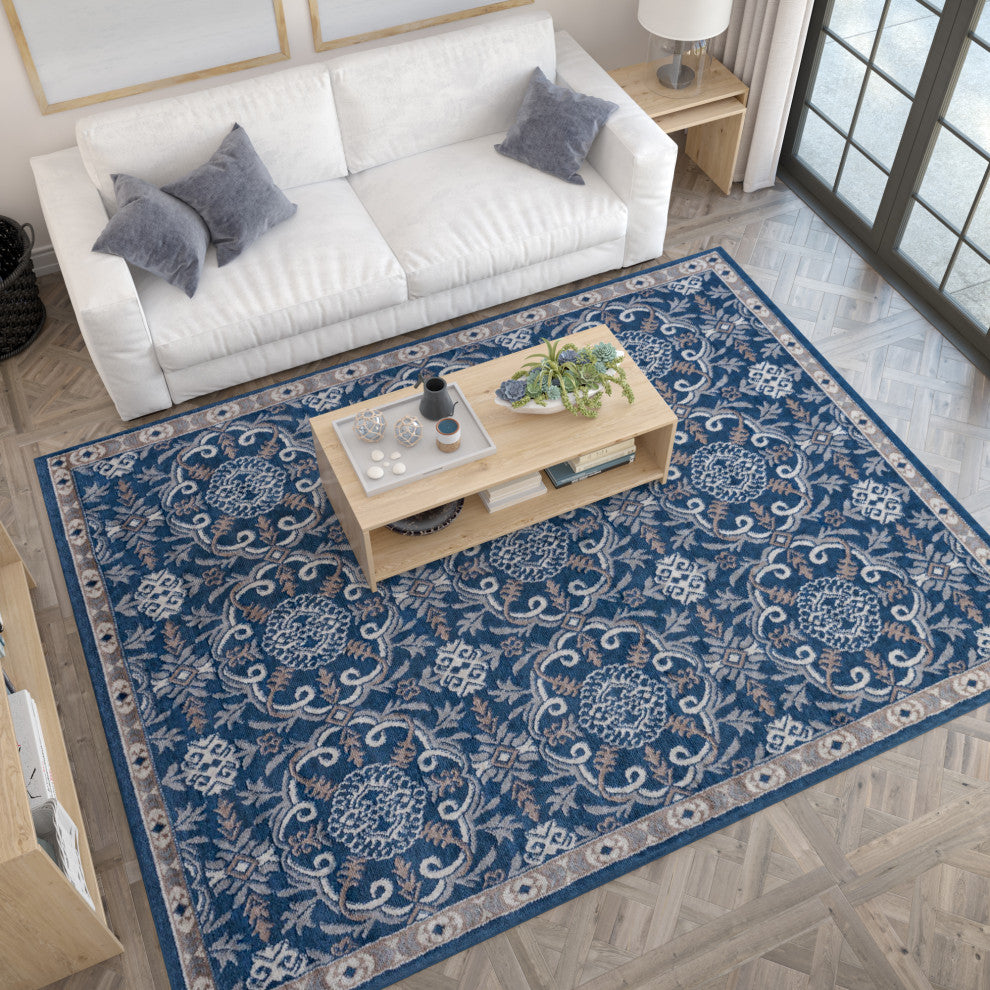 Izel Traditional Brocade Area Rug, Navy, 8'x10'