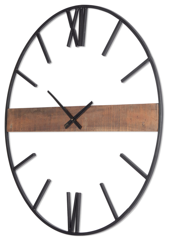 Roman Black Metal and Brown Wood 36" Round Wall Clock