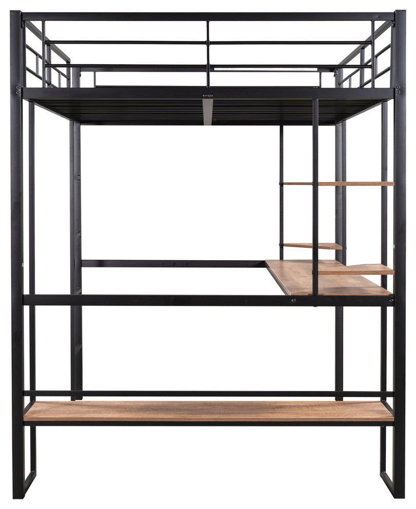 Gewnee Full Size Loft Metal&MDF Bed with Long Desk and Shelves in Black