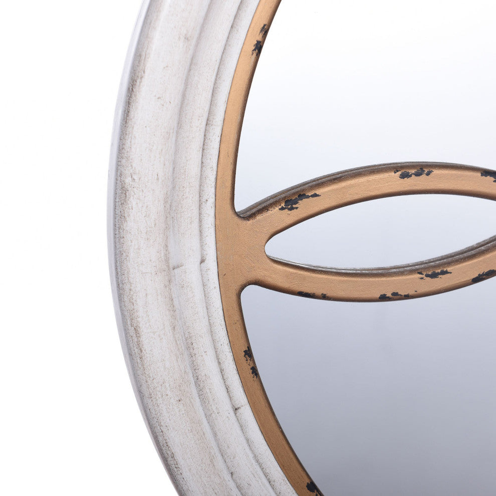 Distressed Gold and White Round Wooden Traditional Wall Mirror