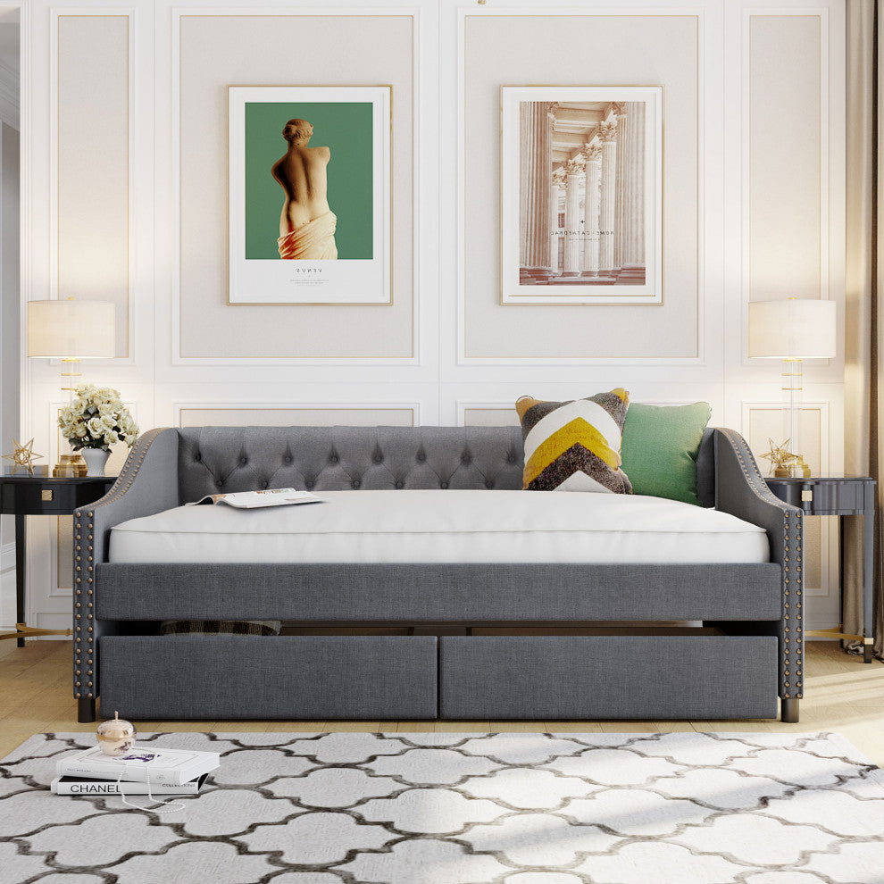 Gewnee Upholstered Full Size Daybeds with Two Drawers,Gray