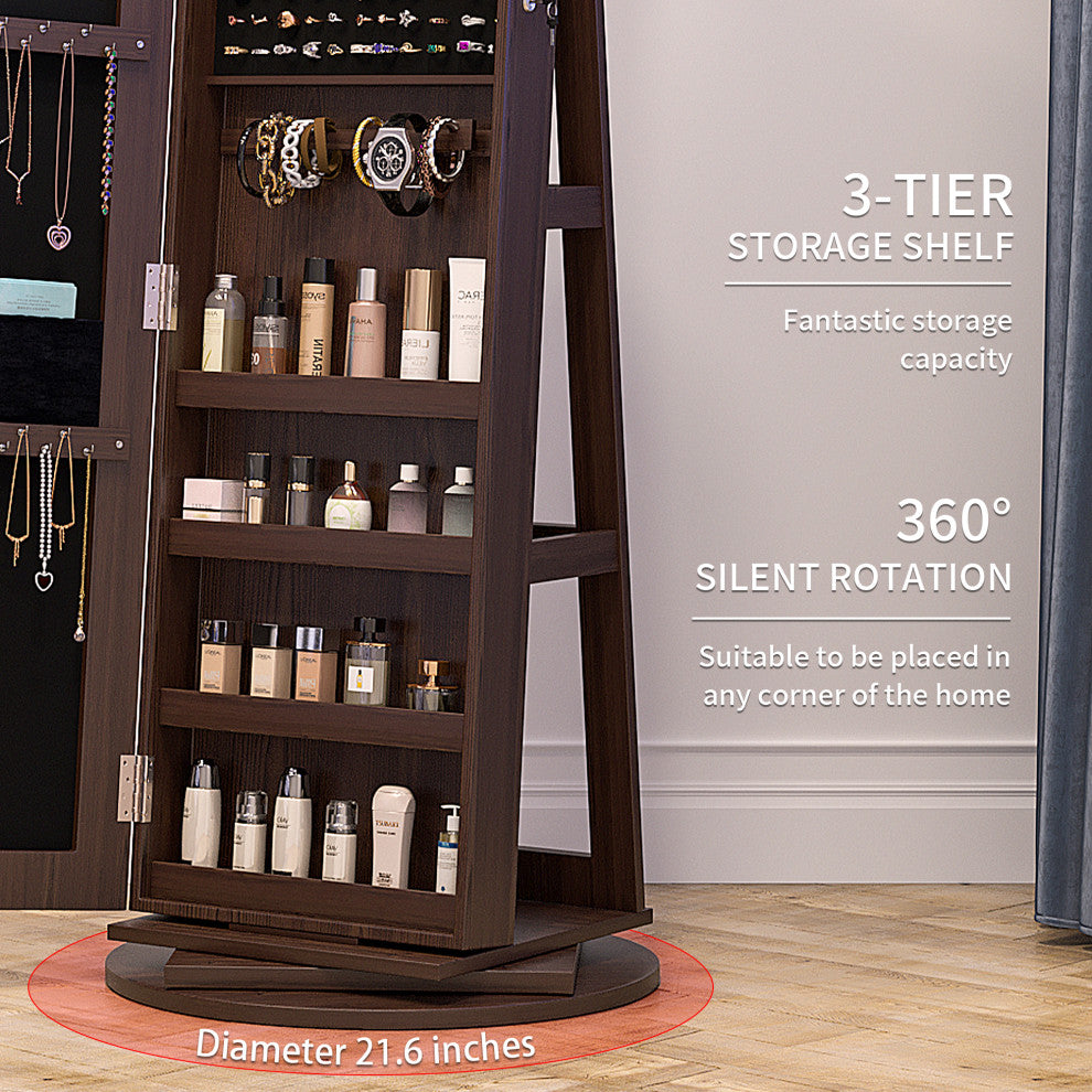 Lockable Swivel Mirrored Jewelry Cabinet Storage w/Stand & Dimmable LED Lights, Brown