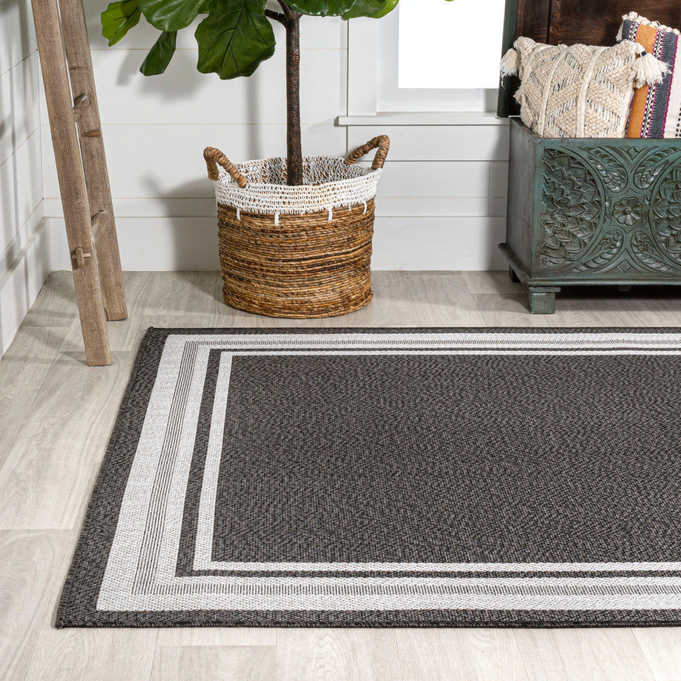 James Modern Border Stripe Indoor/Outdoor Area Rug, Black/Cream, 3x5