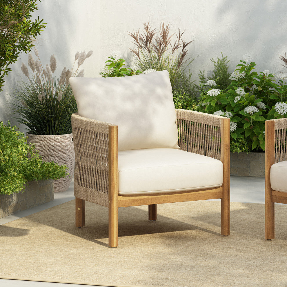 GDF Studio Outdoor Acacia Wood Club Chair, Teak/Beige, Single
