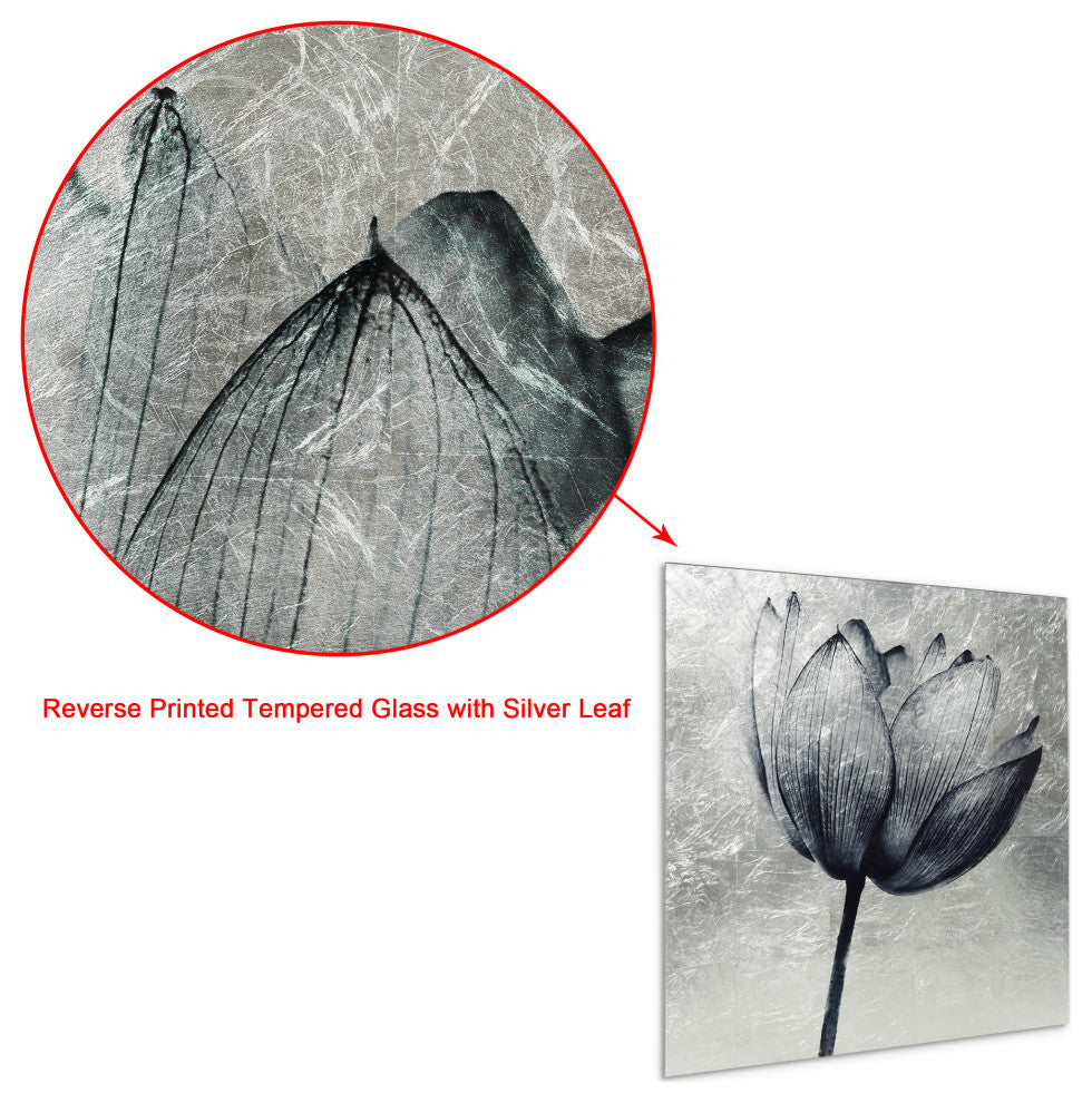 "Lotus" Reverse Printed on Tempered Glass With Silver Leaf Wall Art