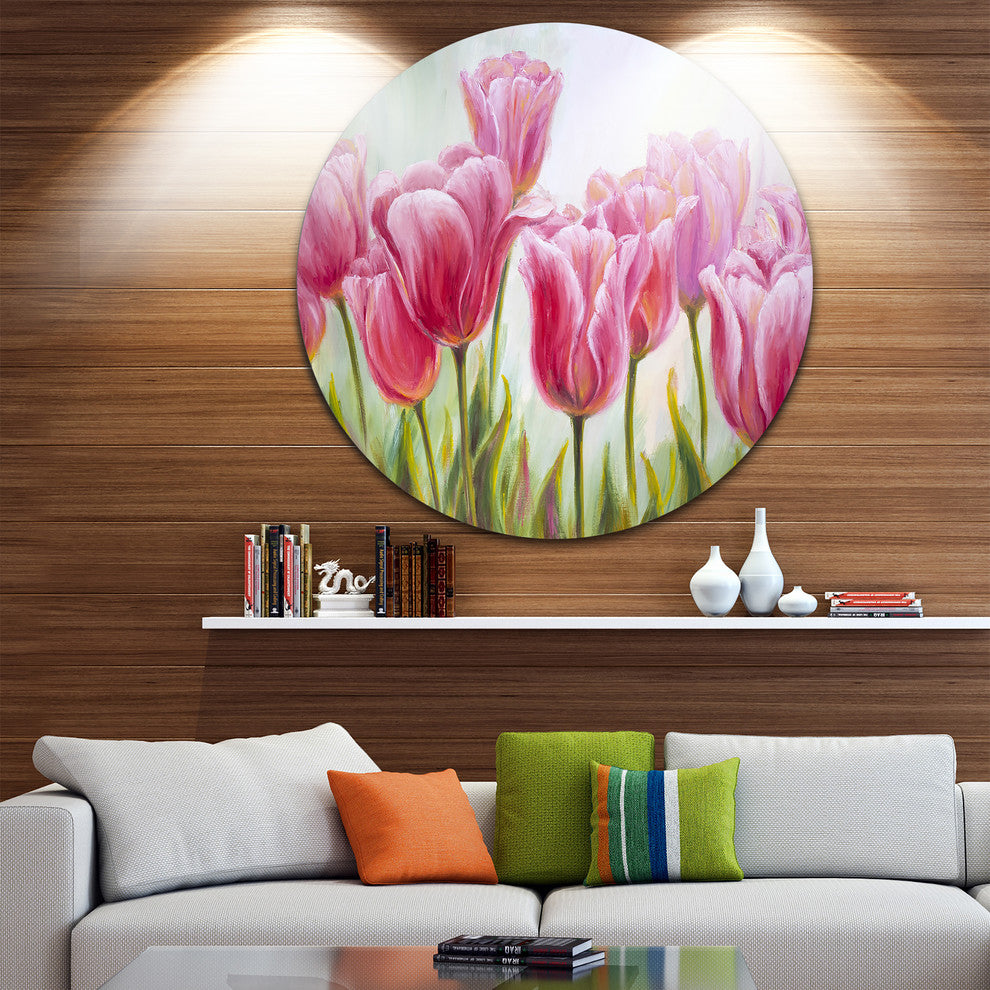 Tulips In A Row, Floral Large Disc Metal Wall Art, 23"