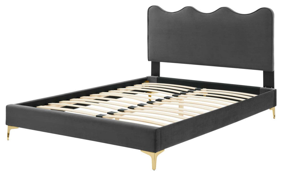 Platform Bed Frame, King Size, Charcoal Gray, Velvet, Modern, Guest Suite